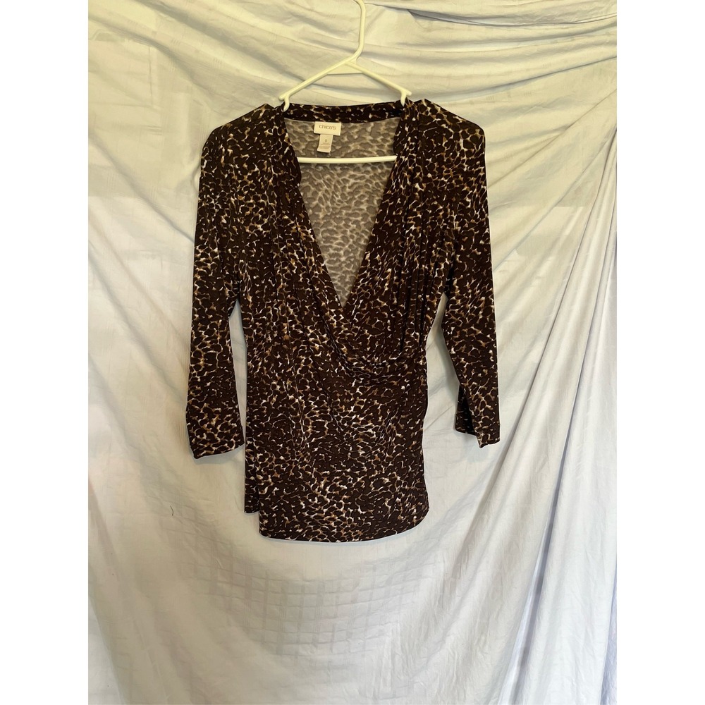 Chico's Women's Leopard Print Faux Wrap Top 3/4 Sleeve Size 0